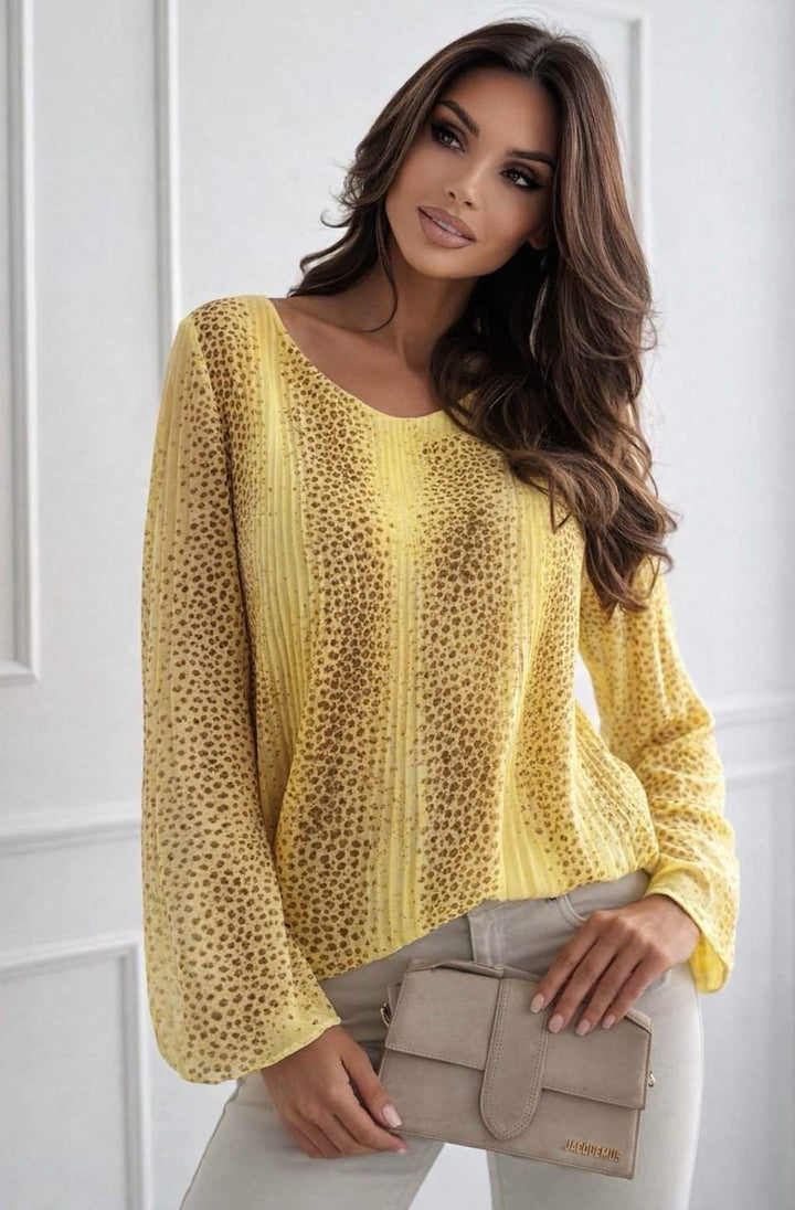 Heidi Abstract Animal-Inspired Print Pleated Blouse Top-Yellow