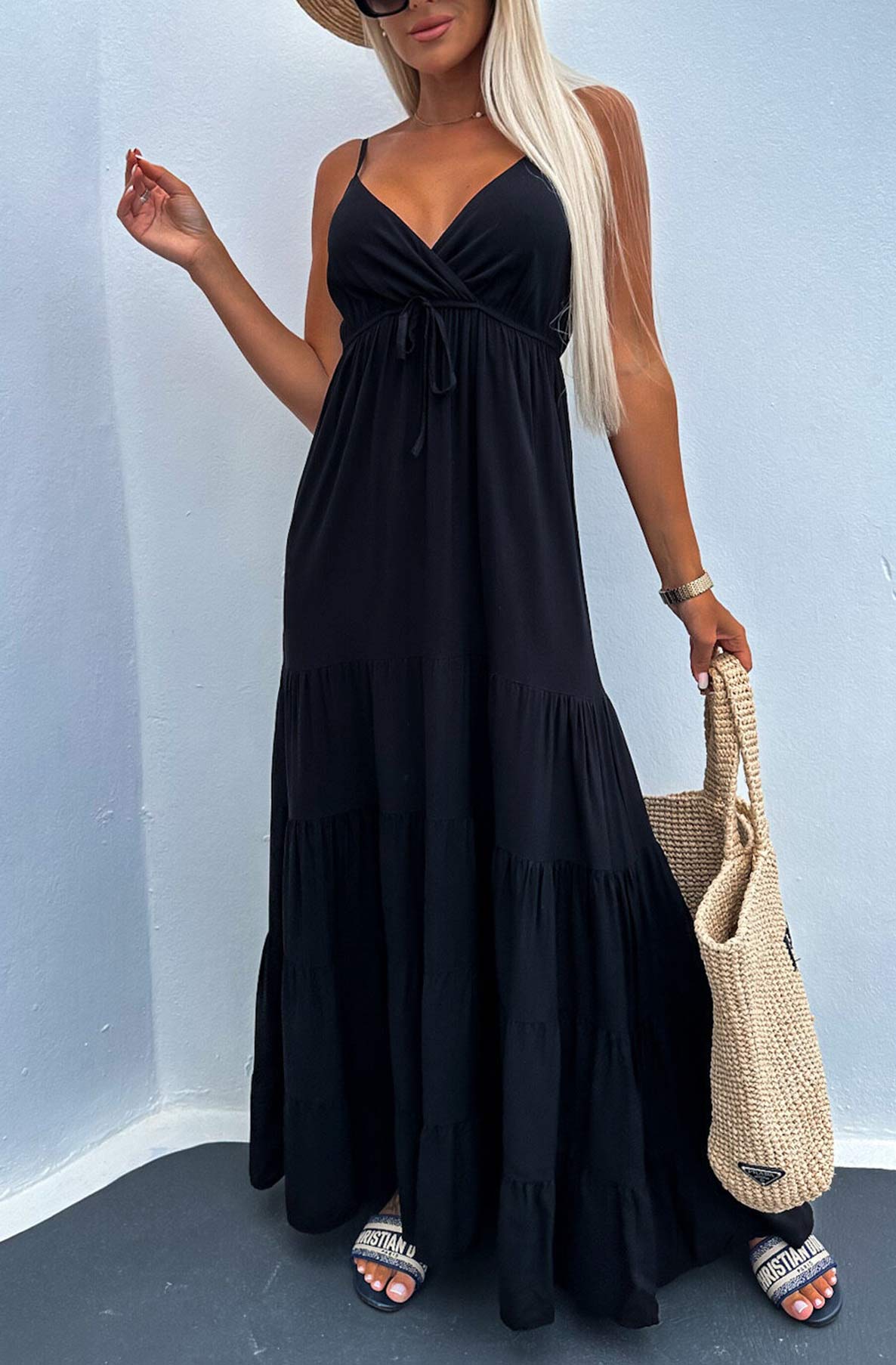 Inara Wrap Tiered Maxi Dress-Black