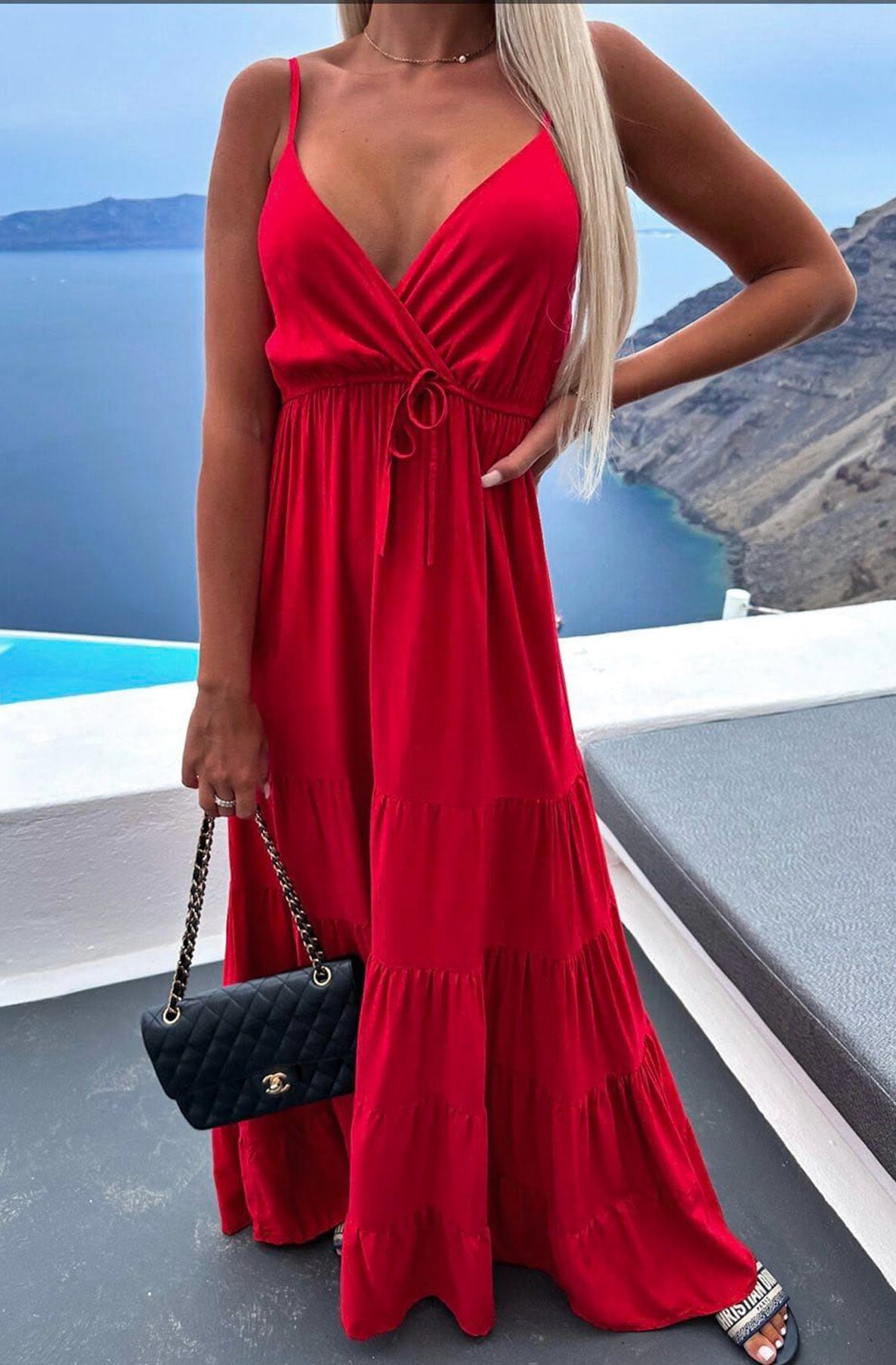 Inara Wrap Tiered Maxi Dress-Red