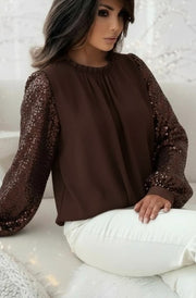 Iva Sequin Sleeves Frill Neckline Chiffon Shirt Blouse Top-Chocolate