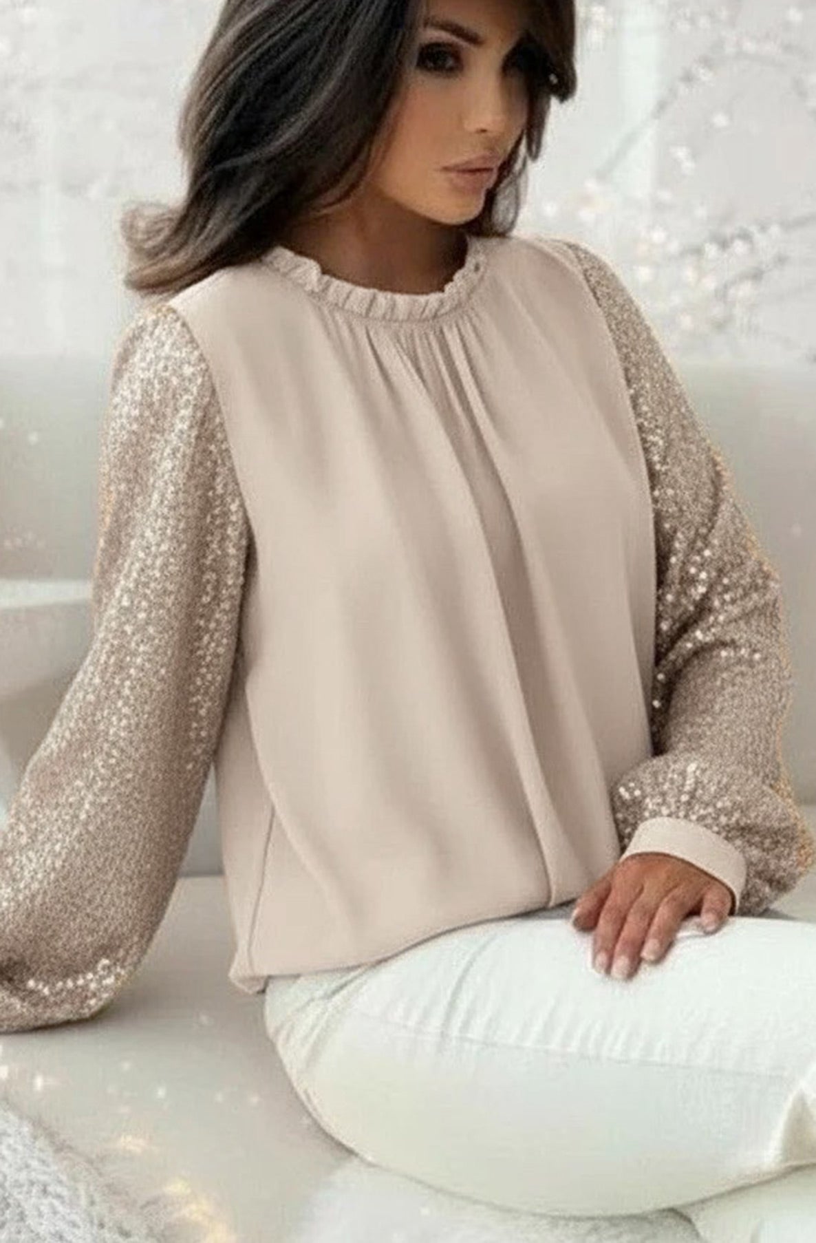 Iva Sequin Sleeves Frill Neckline Chiffon Shirt Blouse Top-Stone
