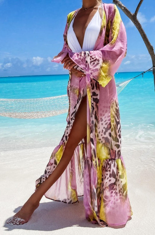 Ivanna Beach Leopard Cover Up Maxi Wrap Dress-Pink