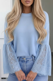 Jane Alpaca Blend  Lace Cuff Round-Neck Light Knitted jumper Sweater -Blue