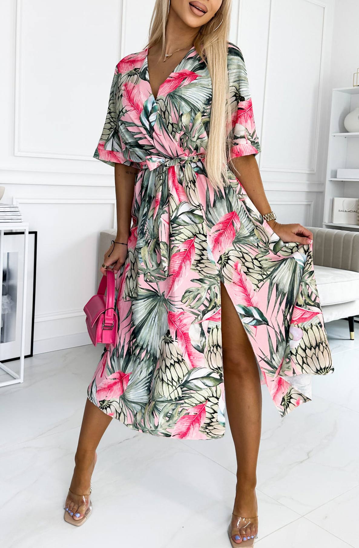 Janelle Floral Side Slit Maxi Dress-Pink