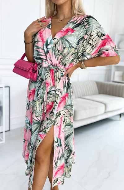 Janelle Floral Side Slit Maxi Dress-Pink