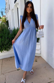 Janis Ruffle Frill Sleeve Cotton Gauze Style Maxi Dress-Blue