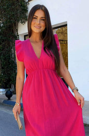 Janis Ruffle Frill Sleeve Cotton Gauze Style Maxi Dress-Hot Pink