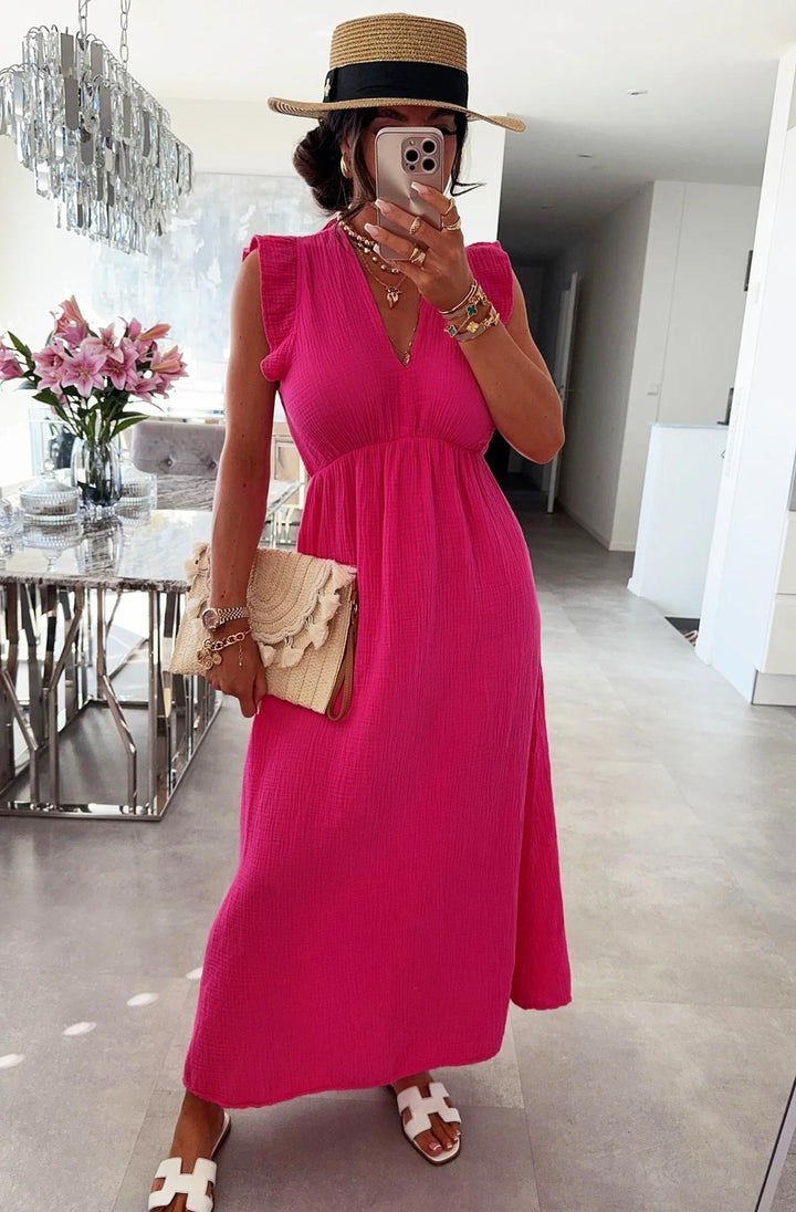 Janis Ruffle Frill Sleeve Cotton Gauze Style Maxi Dress-Hot Pink