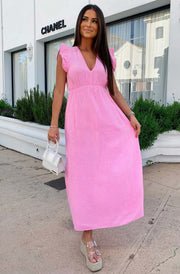 Janis Ruffle Frill Sleeve Cotton Gauze Style Maxi Dress-Pink