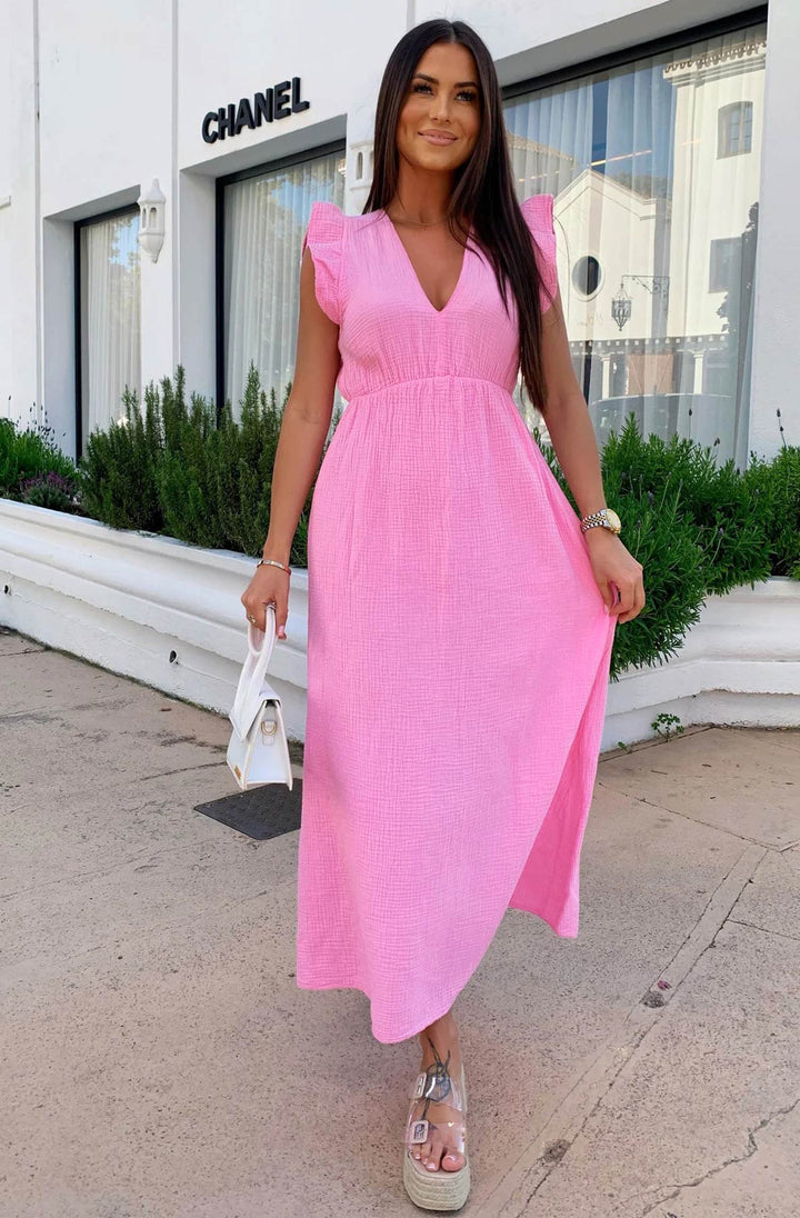 Janis Ruffle Frill Sleeve Cotton Gauze Style Maxi Dress-Pink