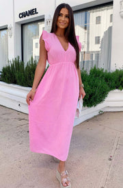 Janis Ruffle Frill Sleeve Cotton Gauze Style Maxi Dress-Pink
