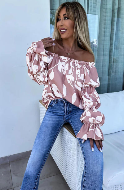 Jasmine Bardot Abstract Patterned Shirt Blouse Top-Mauve