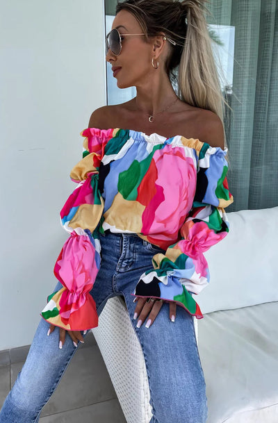 Jasmine Bardot Abstract Patterned Shirt Blouse Top-Multi