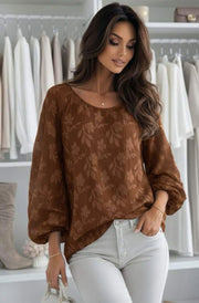 Judith Oversized Textured Floral Batwing Boat Neck Blouse Top-Brown