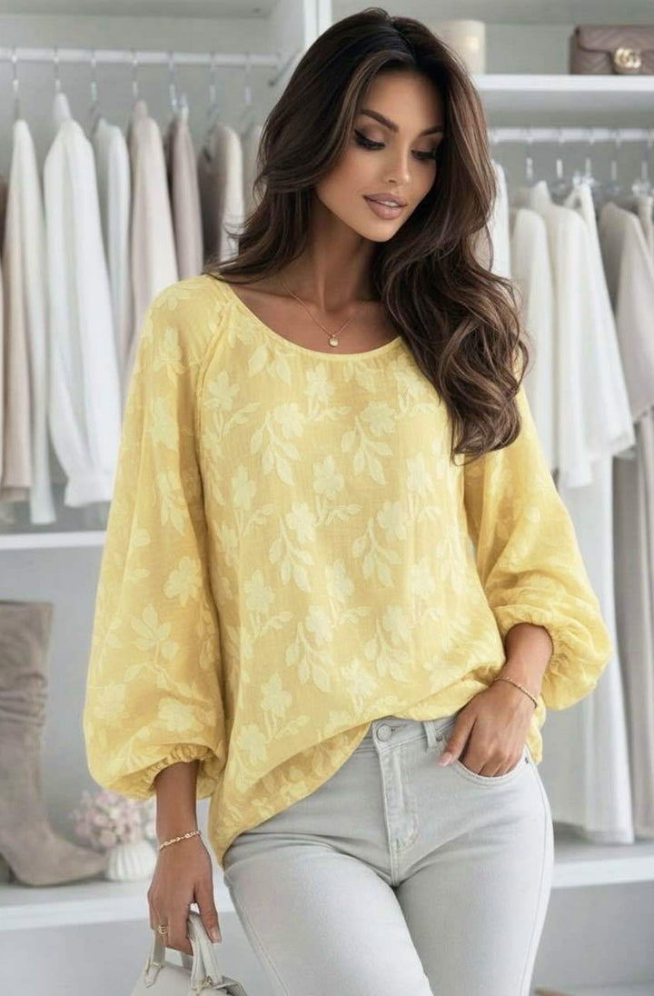 Judith Oversized Textured Floral Batwing Boat Neck Blouse Top-Yellow