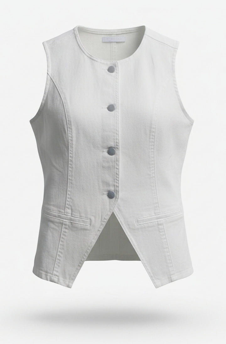 Julia Tailored Denim Sleeveless Button Front Waistcoat Vest-Ivory