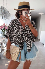 Julie Leopard Animal Oversized Cotton Gauze Style Blouse Shirt Top-Brown