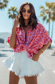 Julie Leopard Animal Oversized Cotton Gauze Style Blouse Shirt Top-Pink