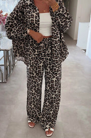 Julie Leopard Animal Cotton Gauze Style Trousers-Brown