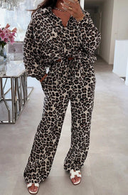 Julie Leopard Animal Cotton Gauze Style Trousers-Brown