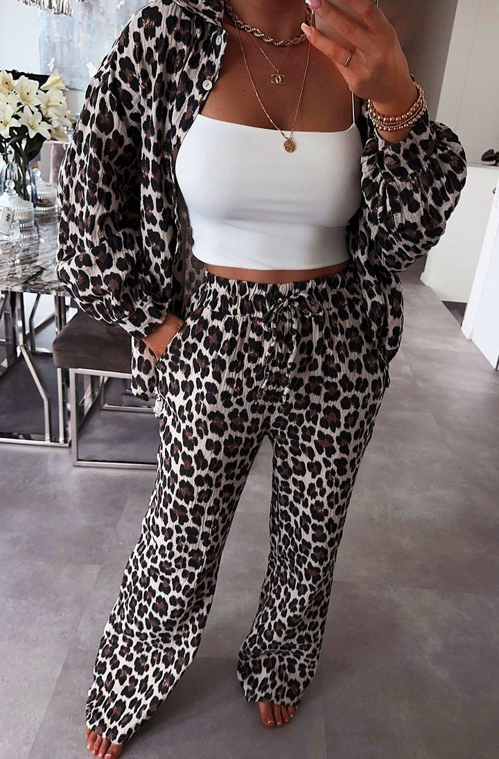 Julie Leopard Animal Cotton Gauze Style Trousers-Brown