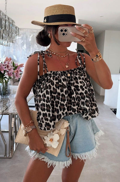 Kacie Leopard Animal Cropped Cotton Gauze Style Tie-Up Top-Brown