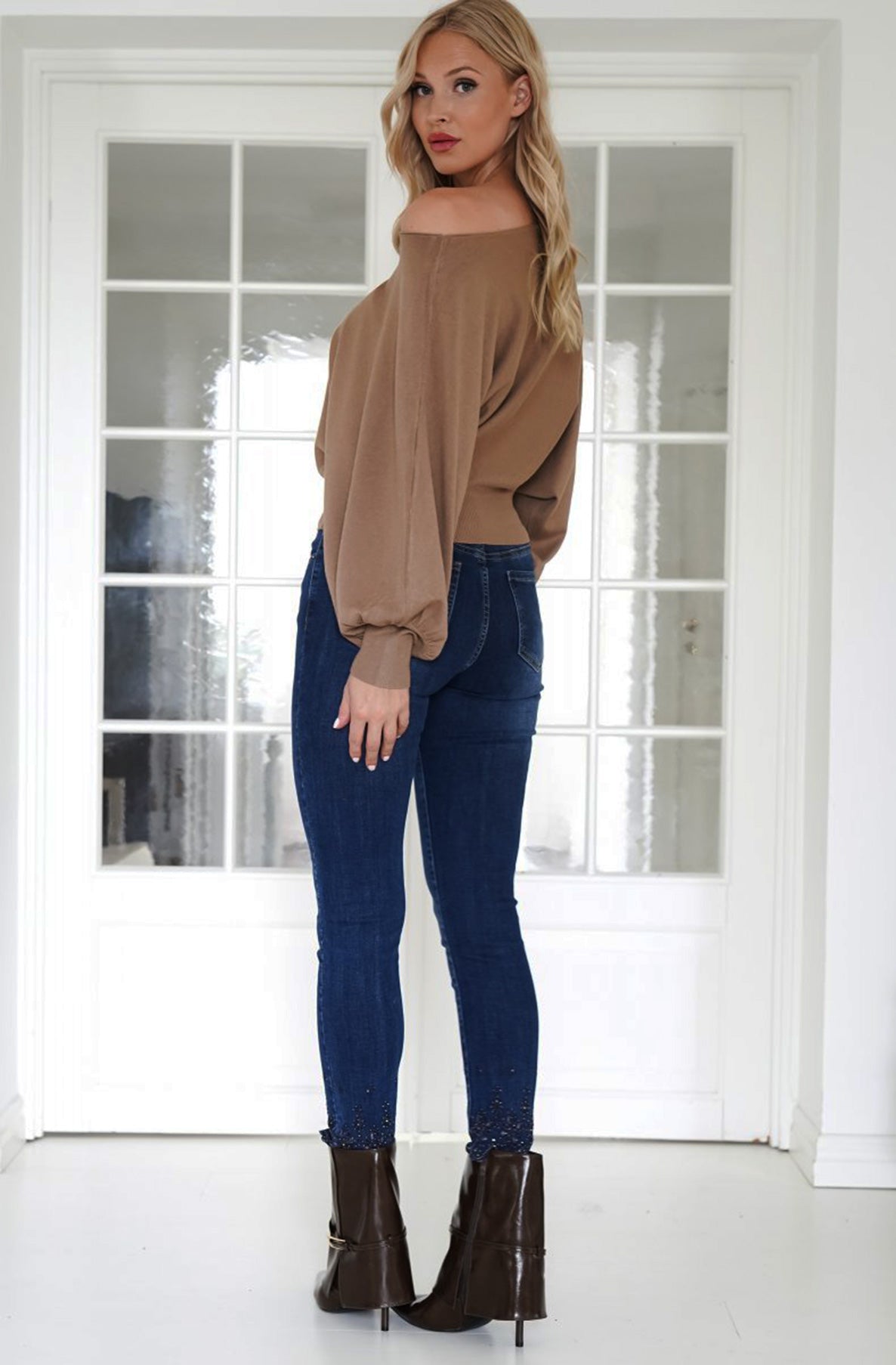 Kaia Batwing Style Light Knitted Jumper Sweater Top-Brown