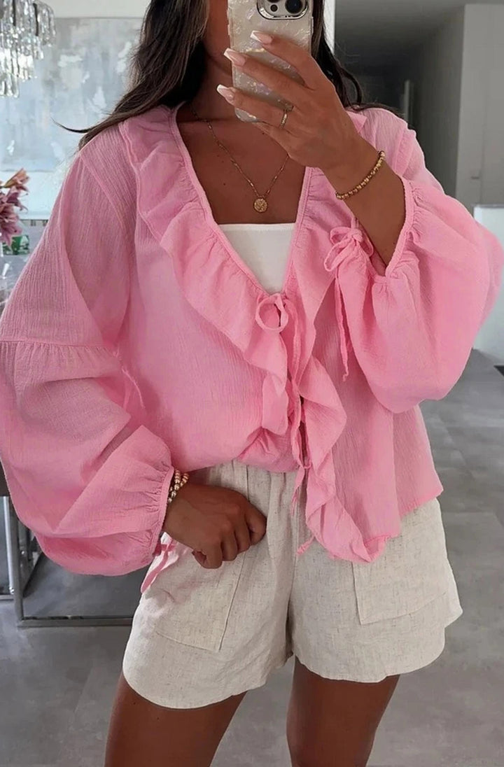 Karrie Frill Front Tie-Up Blouse Shirt Top-Pink