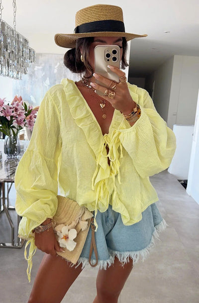 Karrie Frill Front Tie-Up Blouse Shirt Top-Yellow