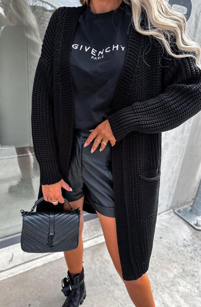 Kasha Longline Pocket Detail Knitted Cardigan-Black