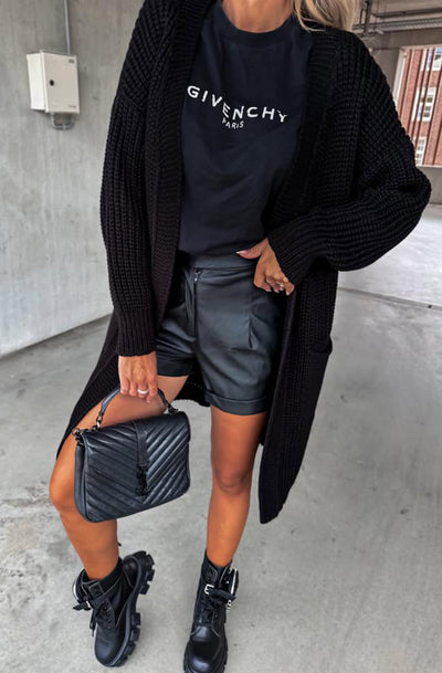Kasha Longline Pocket Detail Knitted Cardigan-Black
