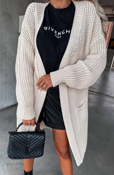Kasha Longline Pocket Detail Knitted Cardigan-Cream