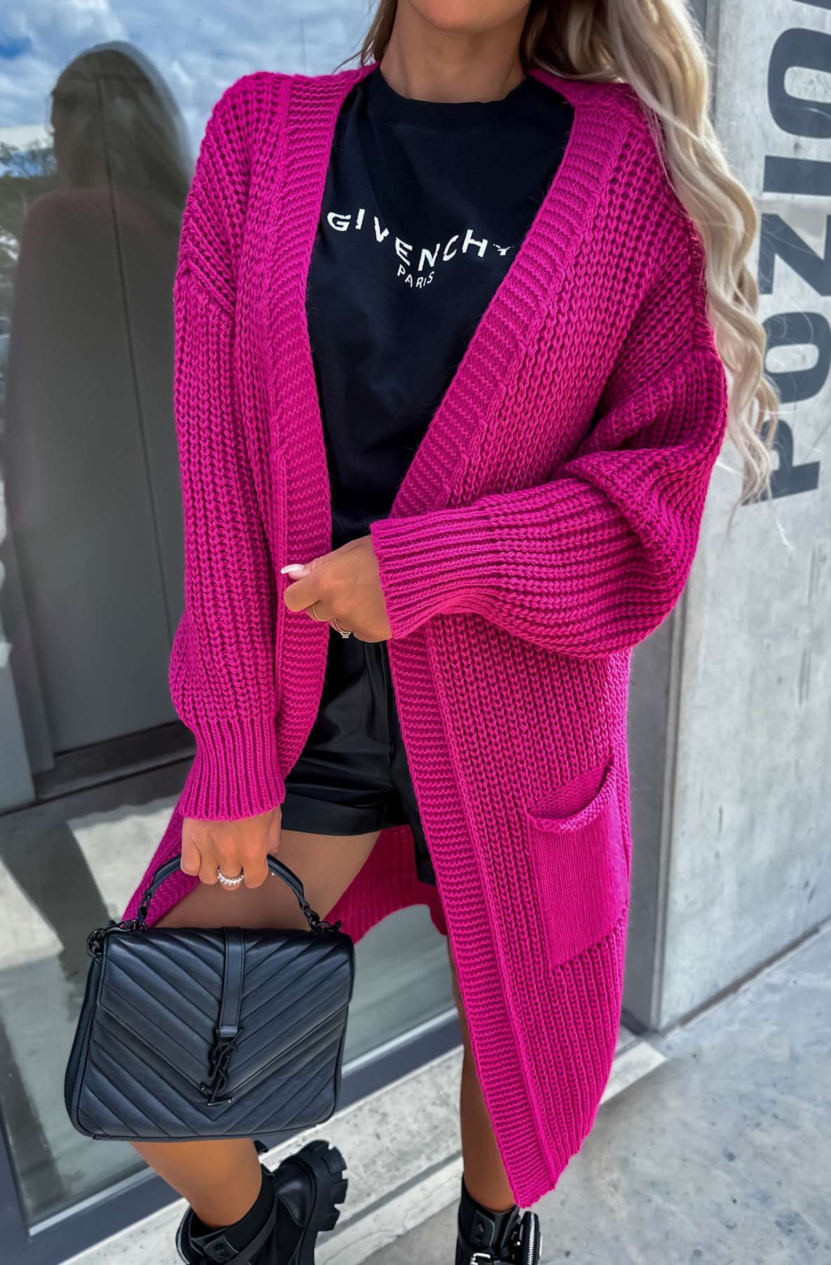 Kasha Longline Pocket Detail Knitted Cardigan-Hot Pink