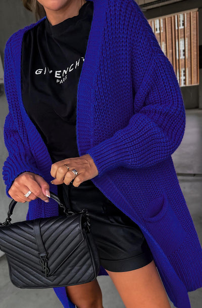 Kasha Longline Pocket Detail Knitted Cardigan-Royal Blue