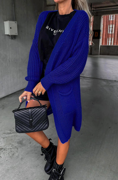 Kasha Longline Pocket Detail Knitted Cardigan-Royal Blue