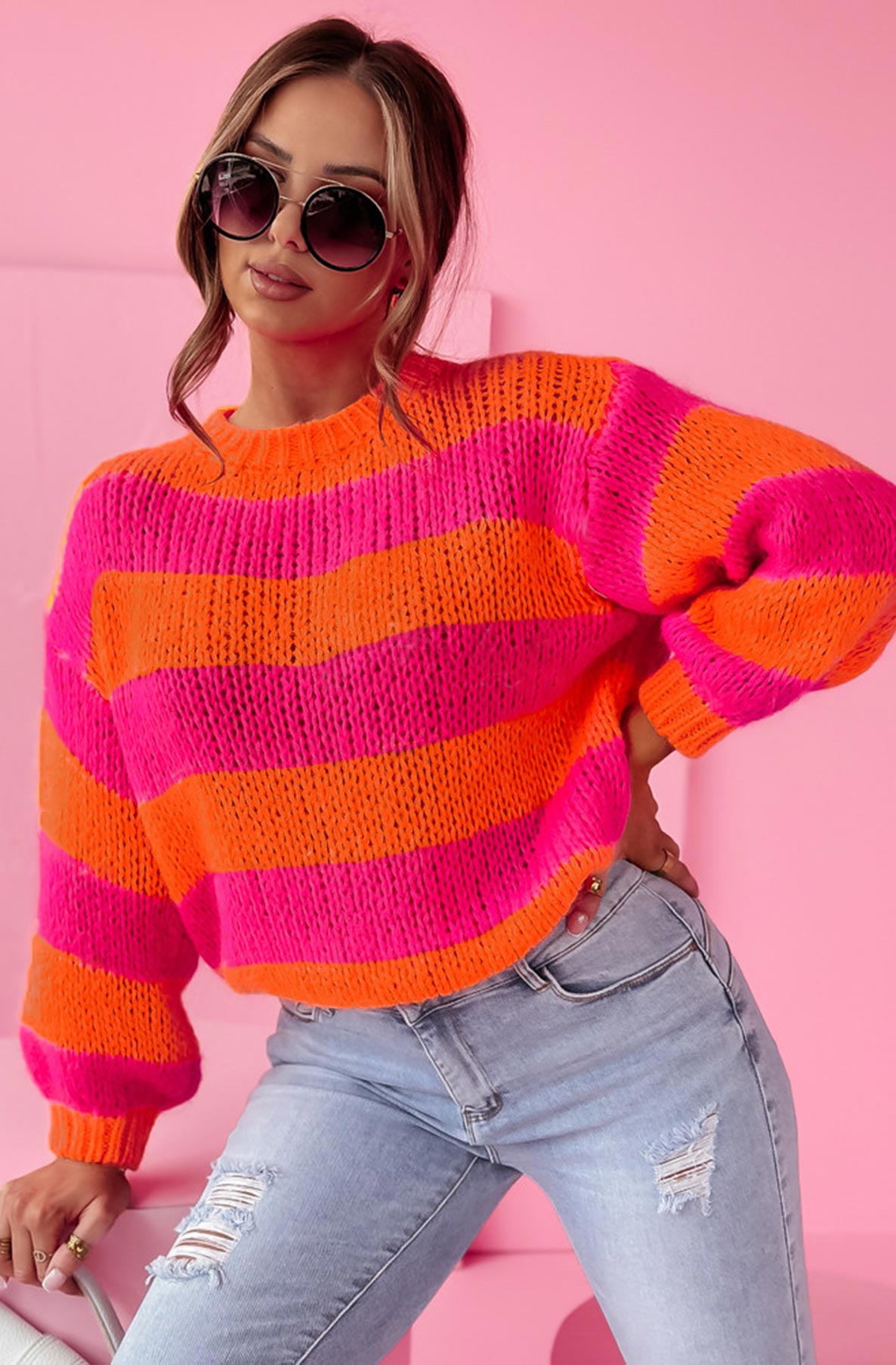 Kasie Striped Knitted Jumper Sweater Top-Orange