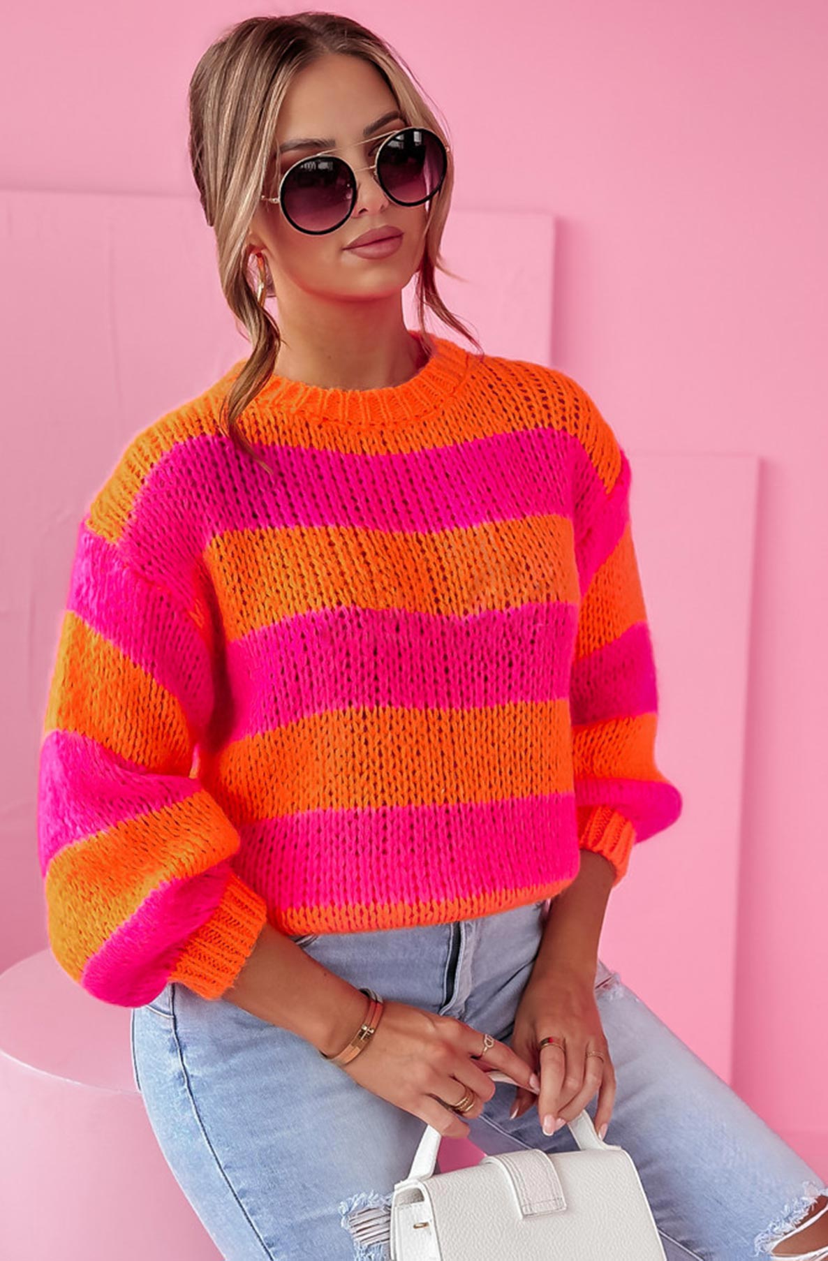 Kasie Striped Knitted Jumper Sweater Top-Orange