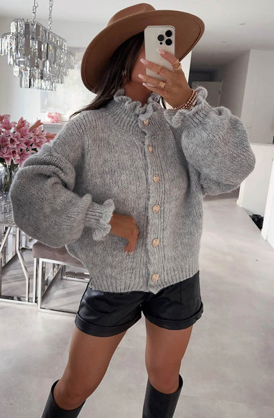 Kassie Oversized Frill Knitted Cardigan-Grey