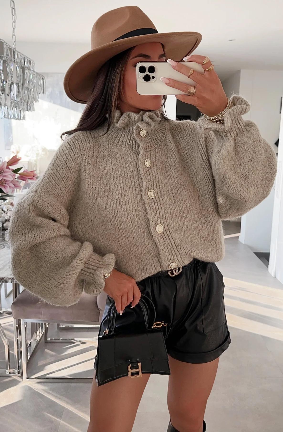 Kassie Oversized Frill Knitted Cardigan-Mocha