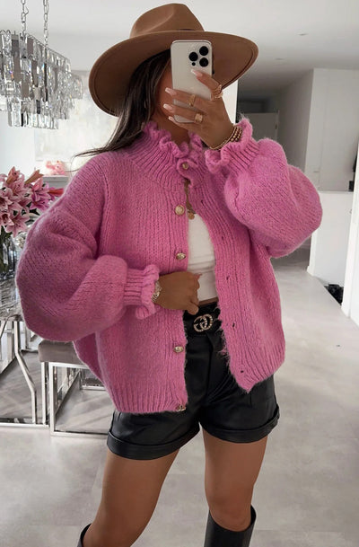 Kassie Oversized Frill Knitted Cardigan-Pink