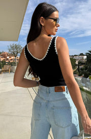 Katy Ribbed Contrast Trim Bodysuit-Black