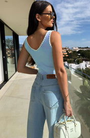 Katy Ribbed Contrast Trim Bodysuit-Sky Blue