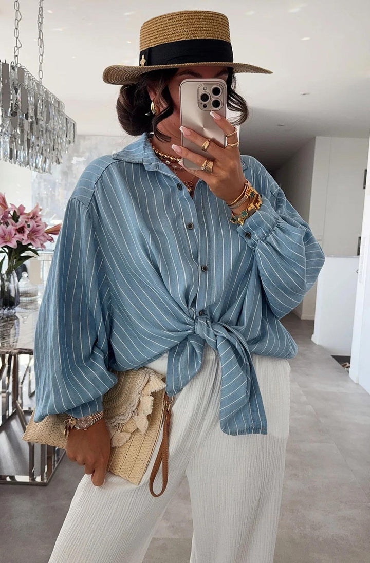 Kaylie Oversized Collared Striped Shirt Top-Blue