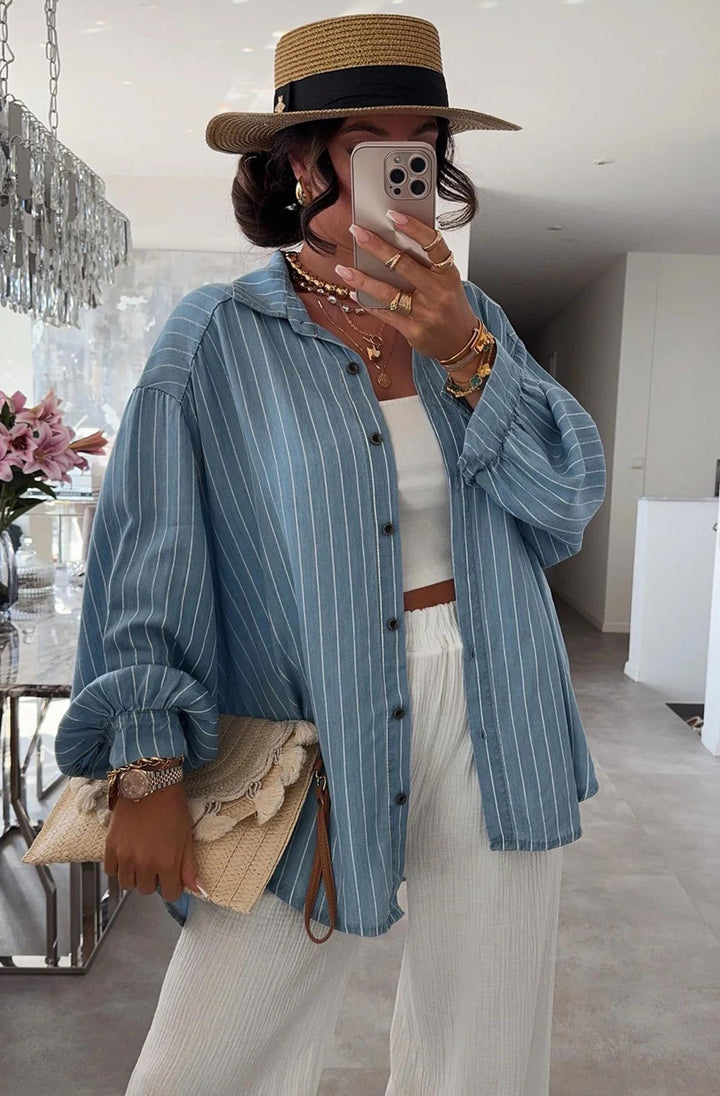 Kaylie Oversized Collared Striped Shirt Top-Blue