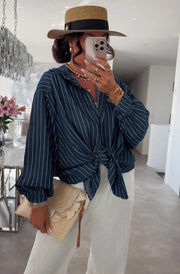 Kaylie Oversized Collared Striped Shirt Top-Navy