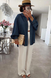 Kaylie Oversized Collared Striped Shirt Top-Navy