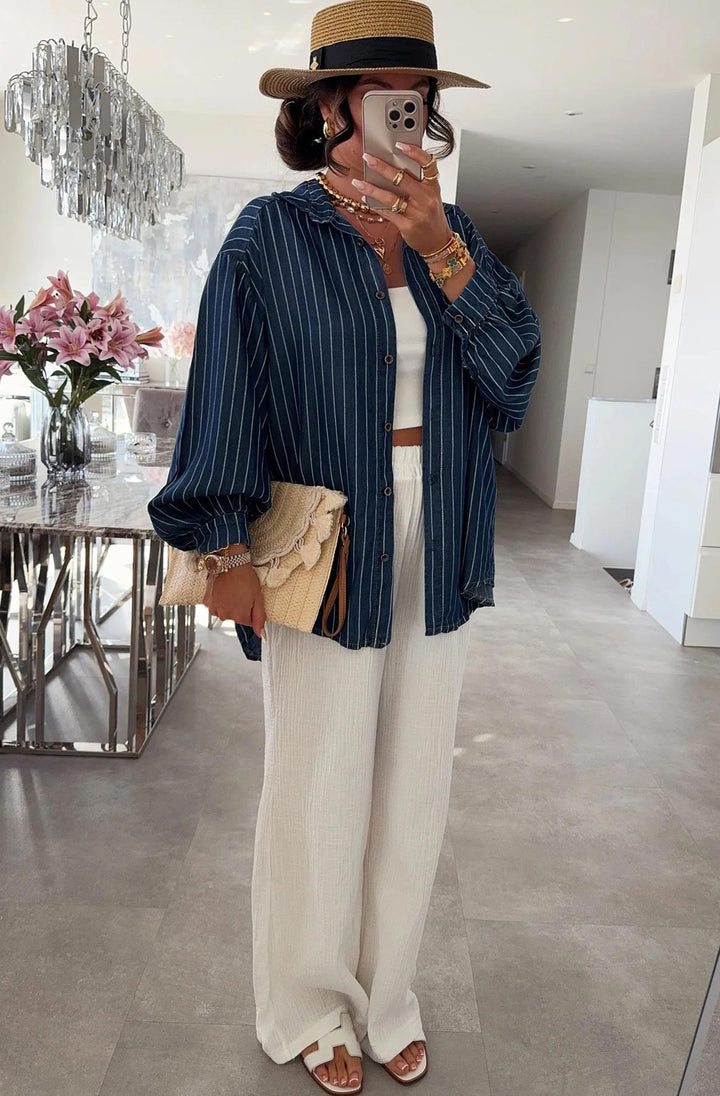 Kaylie Oversized Collared Striped Shirt Top-Navy