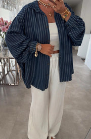 Kaylie Oversized Collared Striped Shirt Top-Navy
