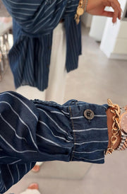 Kaylie Oversized Collared Striped Shirt Top-Navy