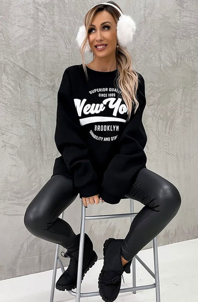 Kelly Oversized 'NY' Printed Jumper Sweatshirt-Black
